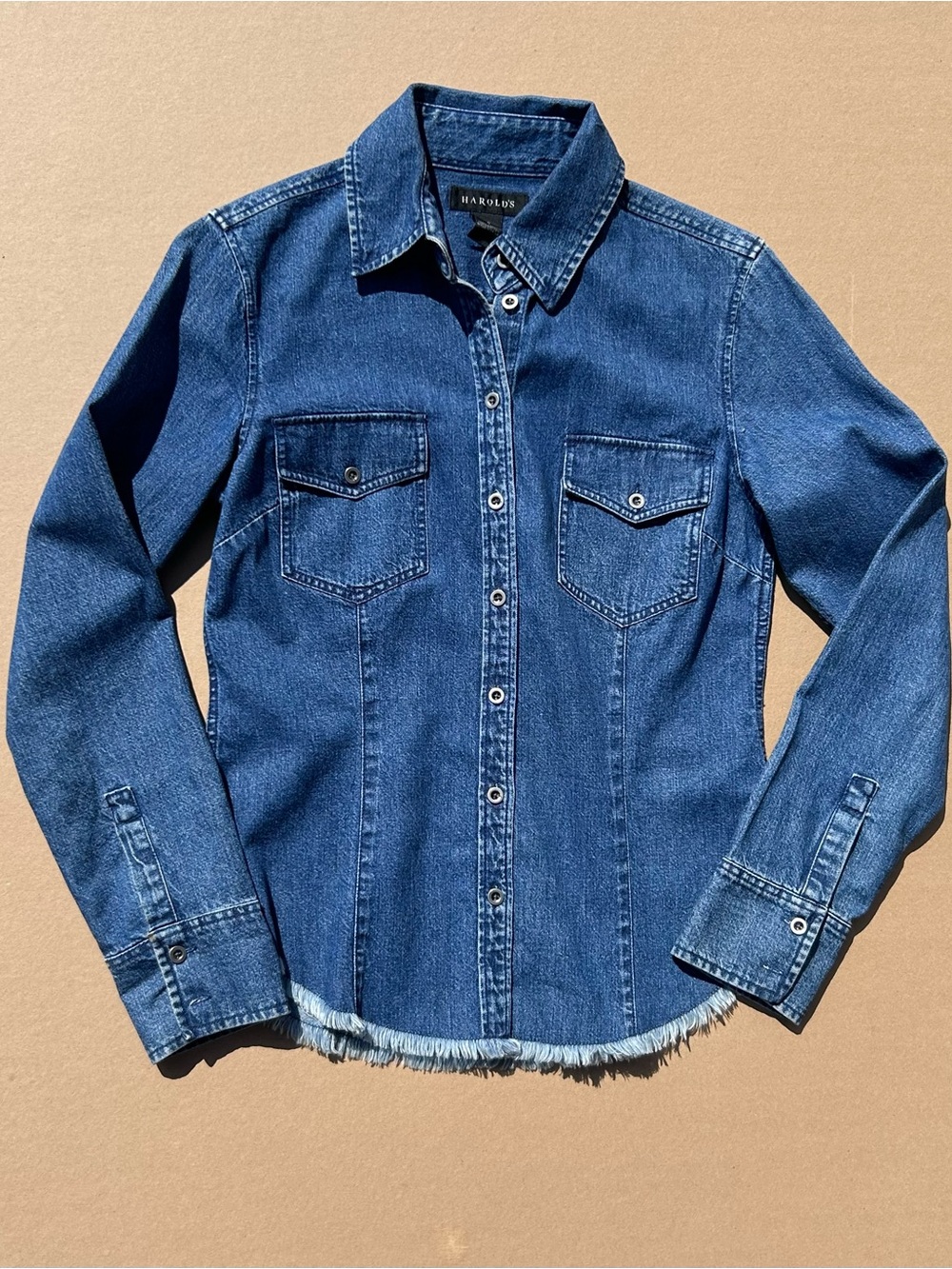 Harold's Dark Blue Denim Button-Down Shirt with Fringe Hem, Sz 4